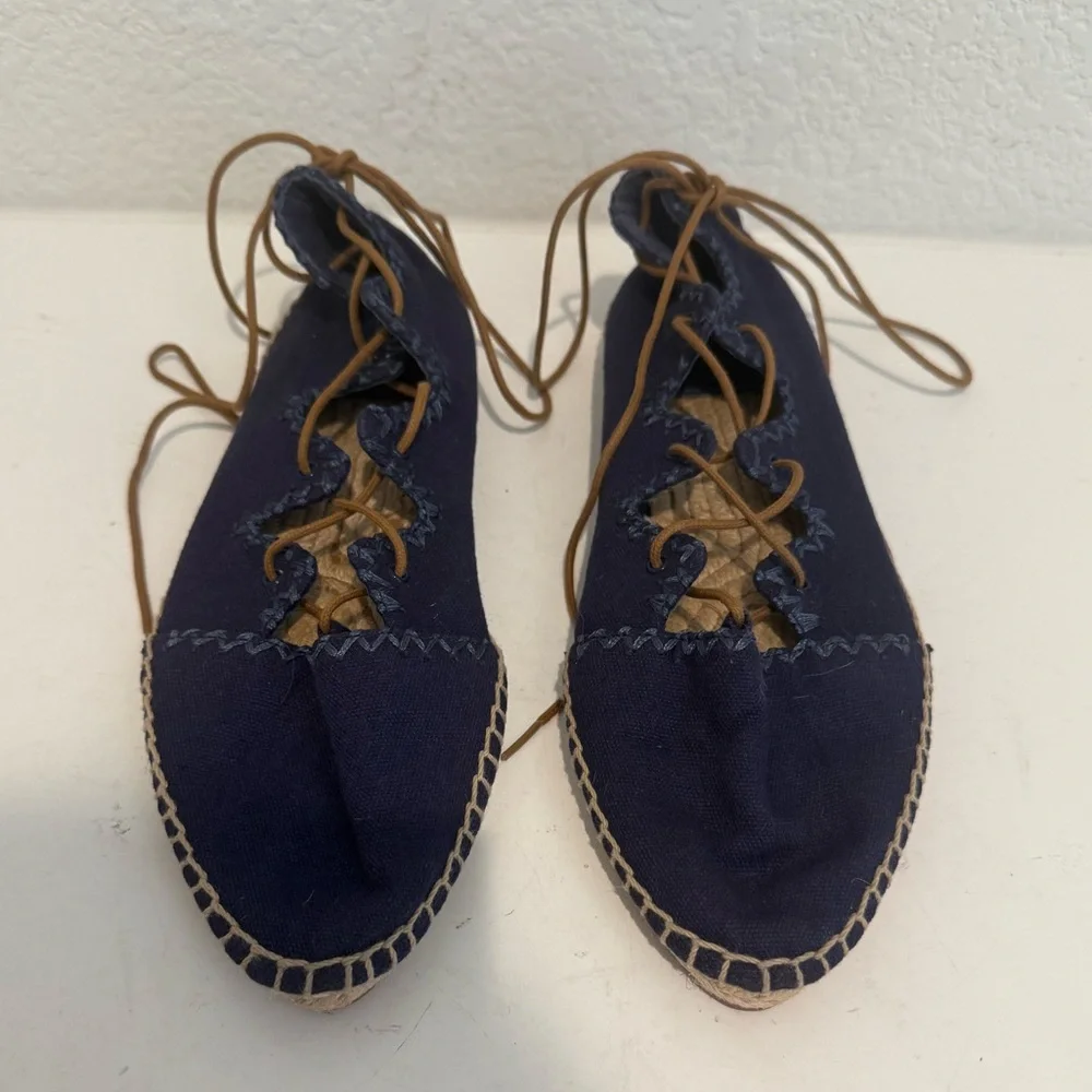 TORY BURCH Sonoma Gillie Navy Blue Lace Up Espadrilles Flats Size 7
